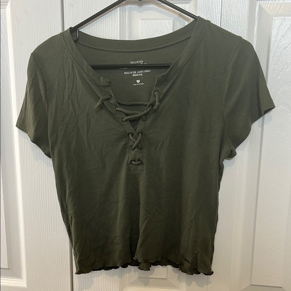 Hollister Green Crop Tie Front T-Shirt